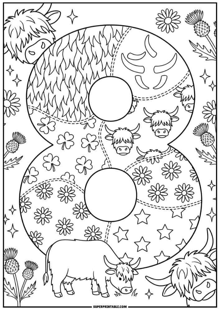 Number 8 with Highland cows, flowers, stars, clovers, and cow faces.