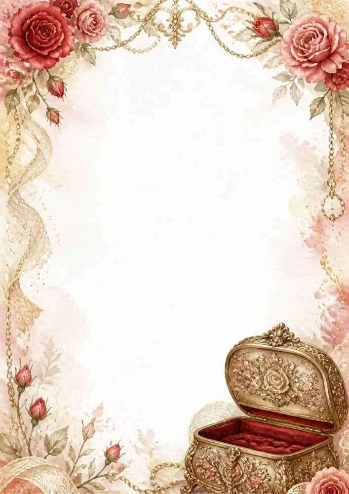 Watercolor border with roses, gold chains, and a vintage jewelry box.