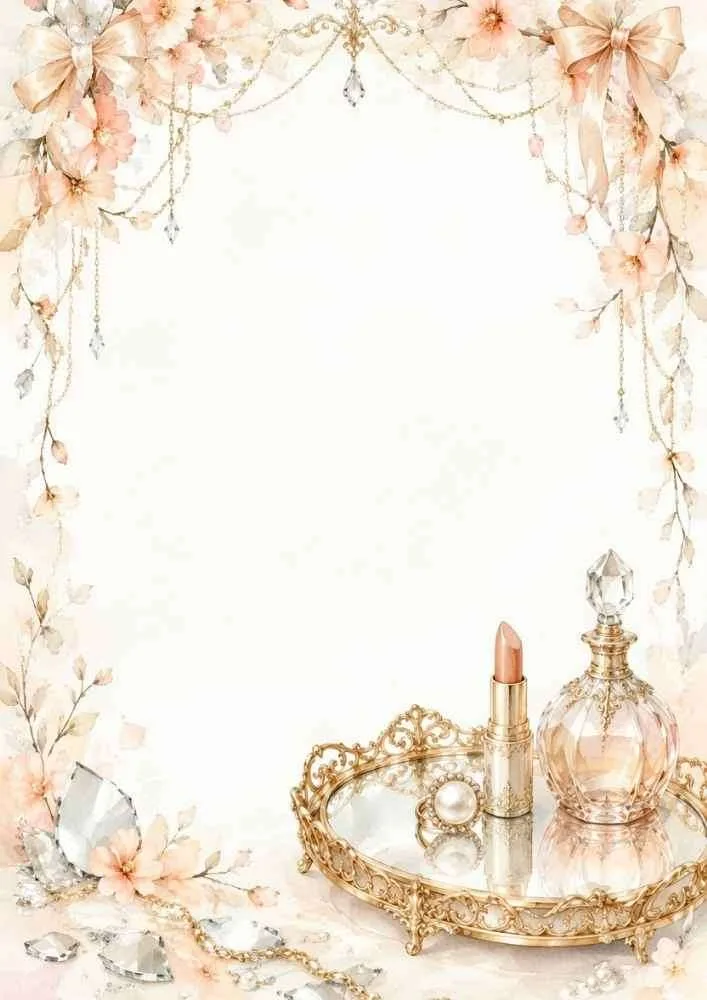 Watercolor border with lipstick, perfume bottle, and a gold vanity tray.