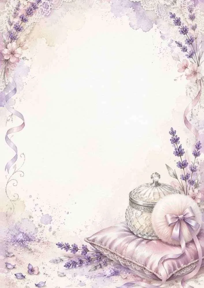 Watercolor border with a powder jar, lavender, and a powder puff.