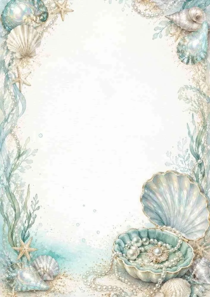 Watercolor border with a seashell jewelry box, pearls, and seashells.
