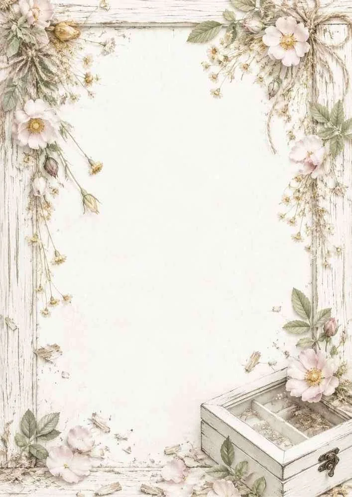 Watercolor border with a rustic wooden jewelry organizer and flowers.
