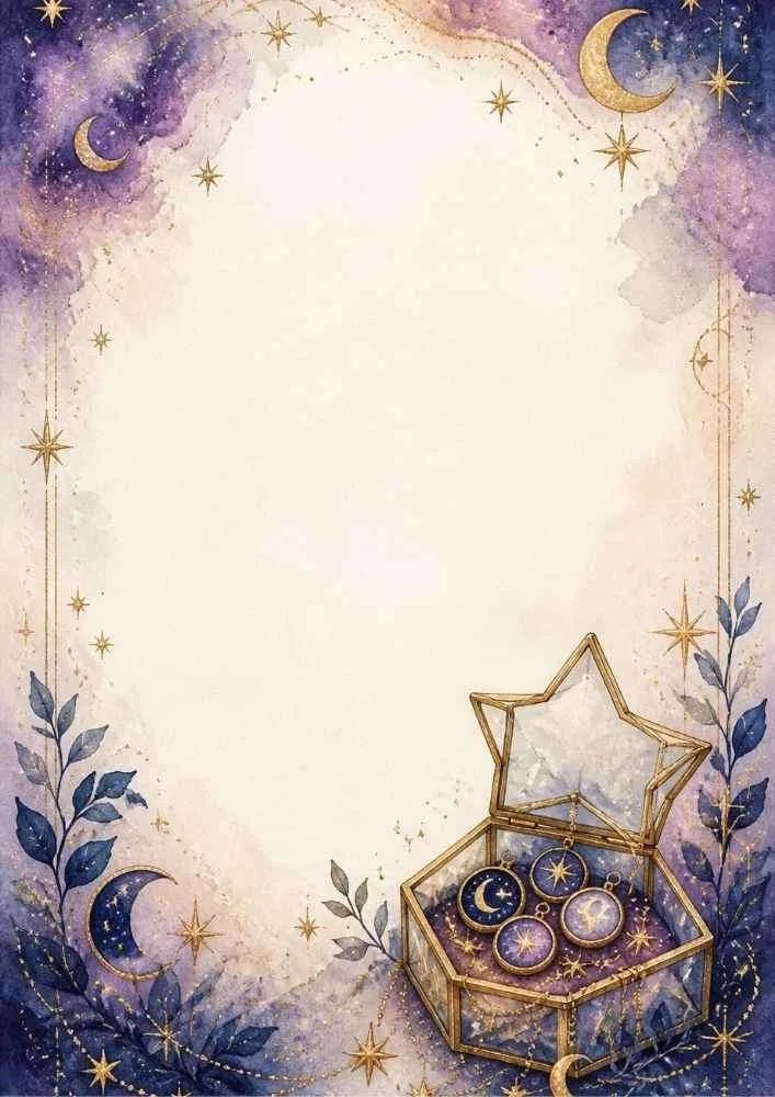 Watercolor border with a star-shaped jewelry box and celestial charms.