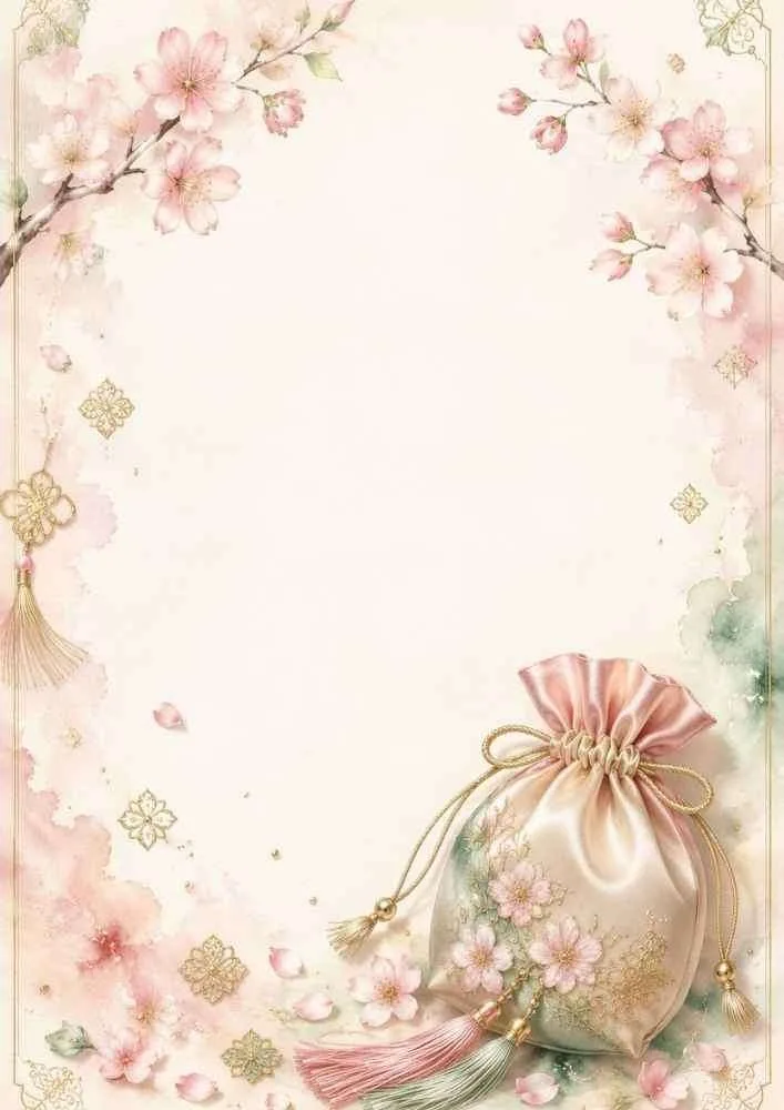 Watercolor border with a satin jewelry pouch and cherry blossoms.