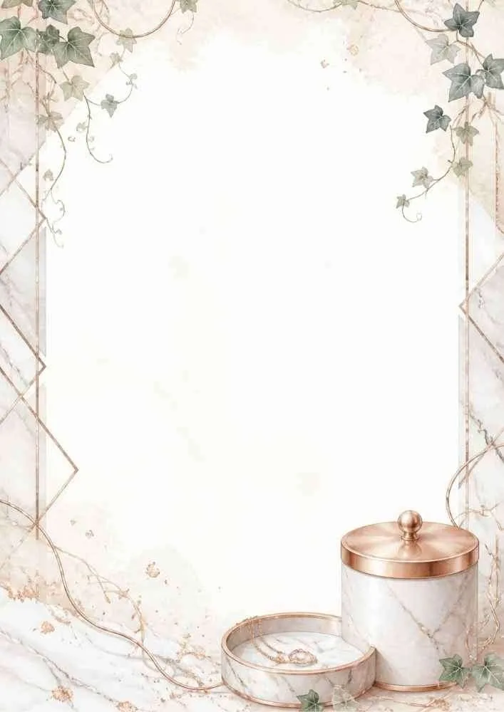 Watercolor border with marble vanity containers and ivy vines.