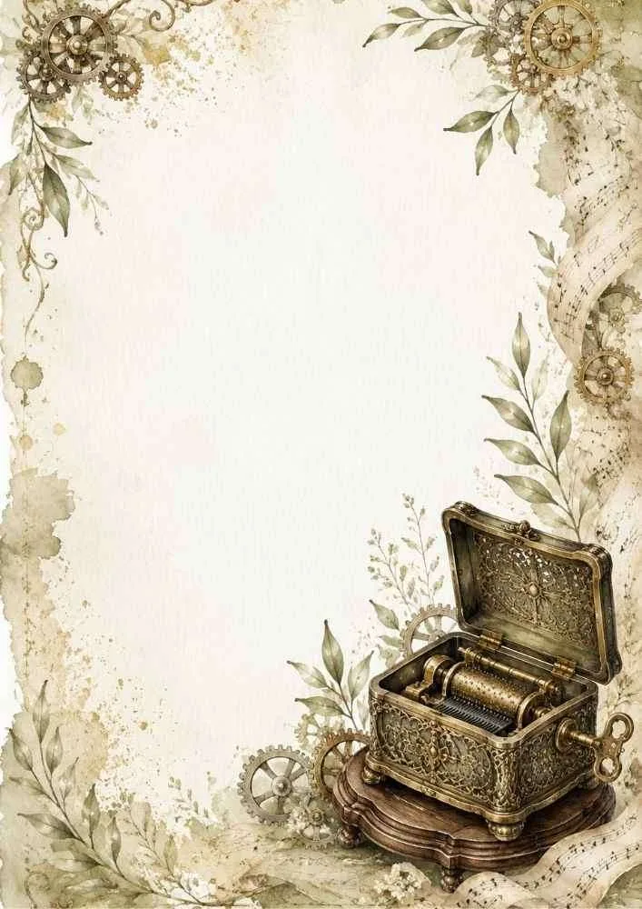 Watercolor border with an antique music jewelry box and vintage gears.
