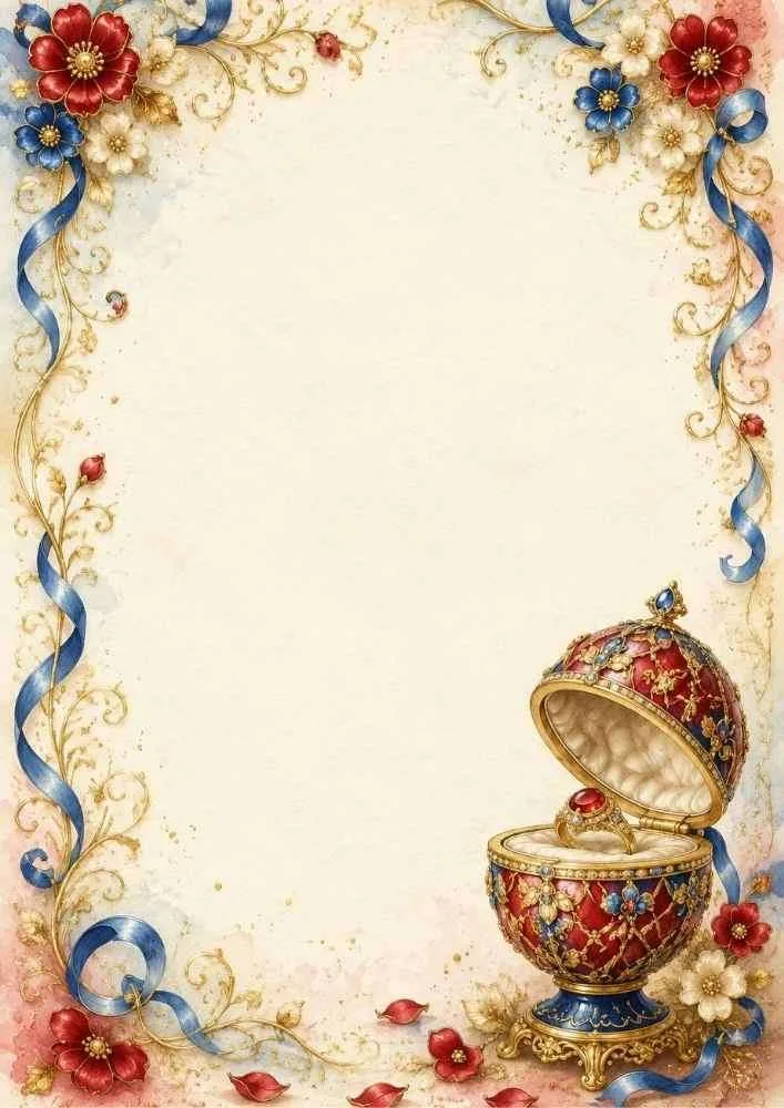 Watercolor border with a jeweled Fabergé-style egg jewelry box.