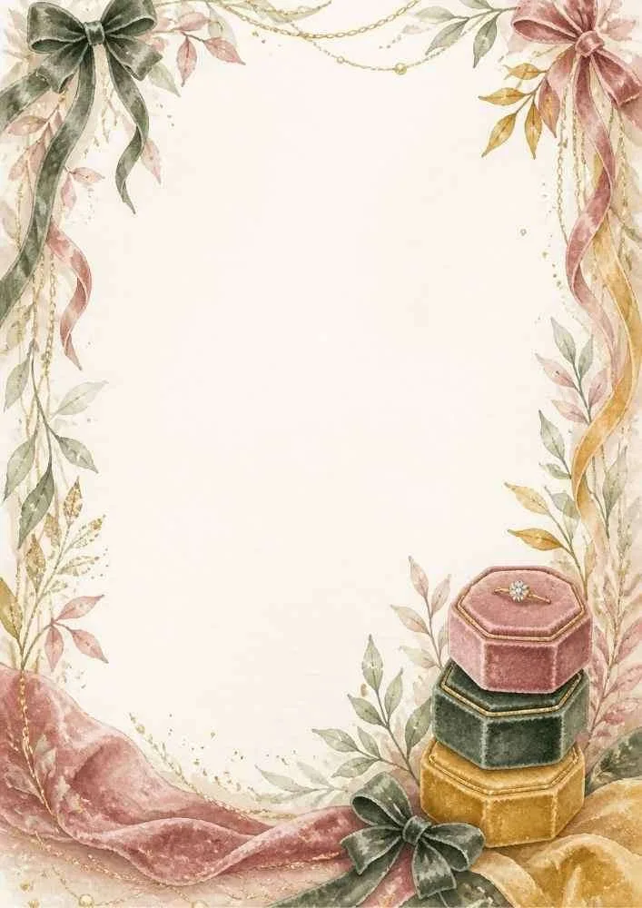 Watercolor border with stacked velvet ring boxes and satin ribbons.