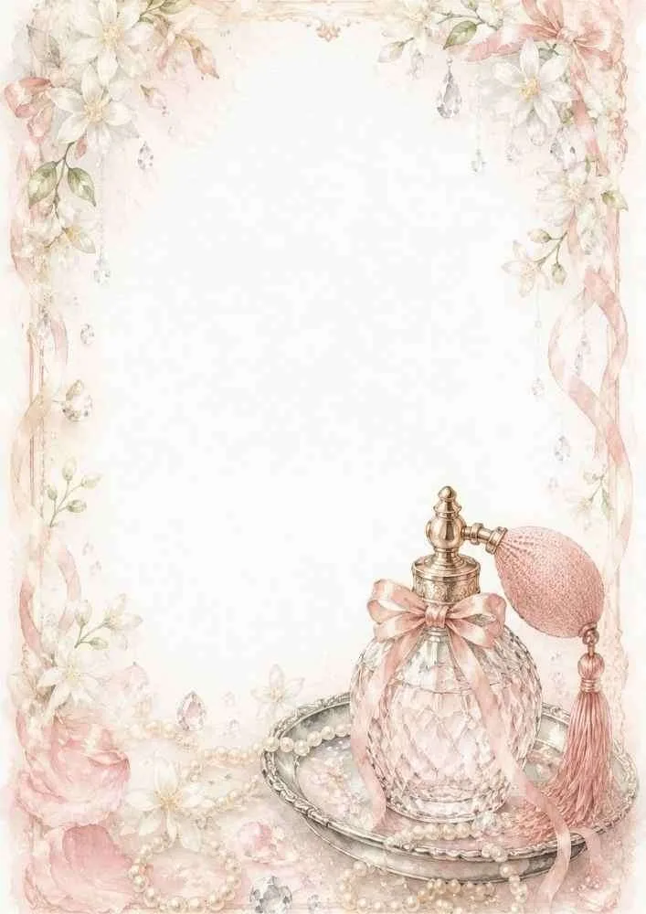 Watercolor border with a crystal perfume bottle, pearls, and pink ribbons.