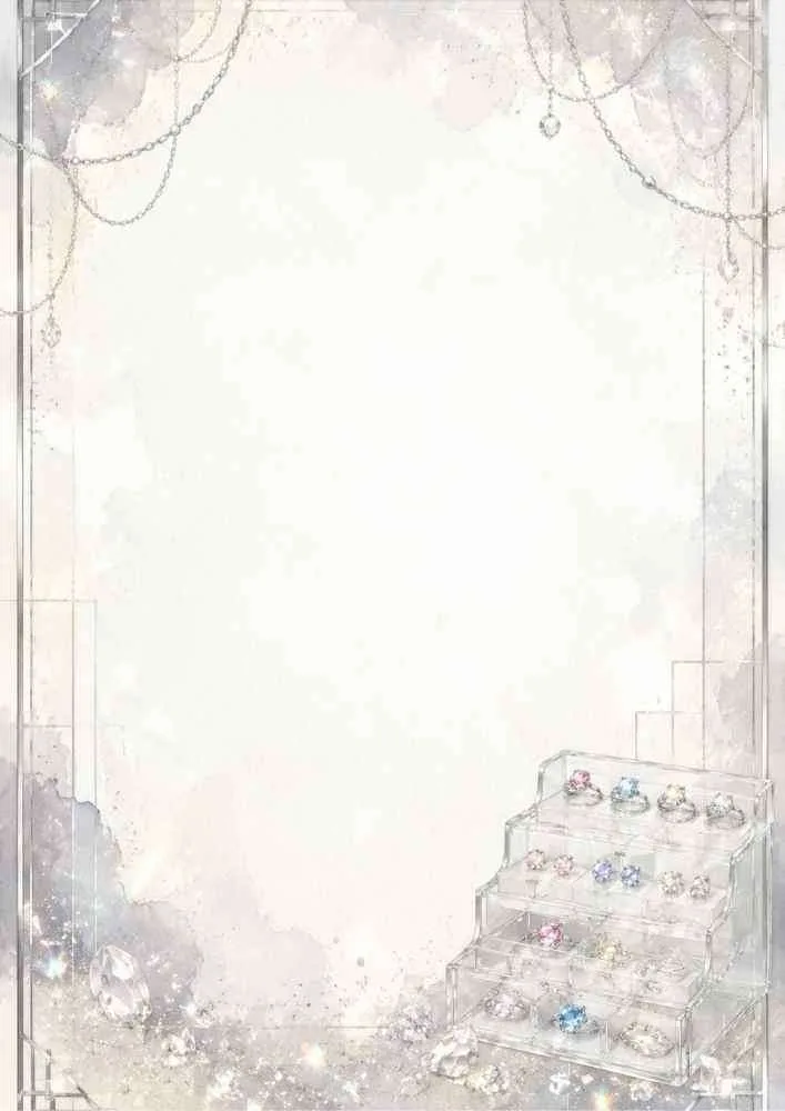 Watercolor border with a crystal ring display and sparkling gemstones.
