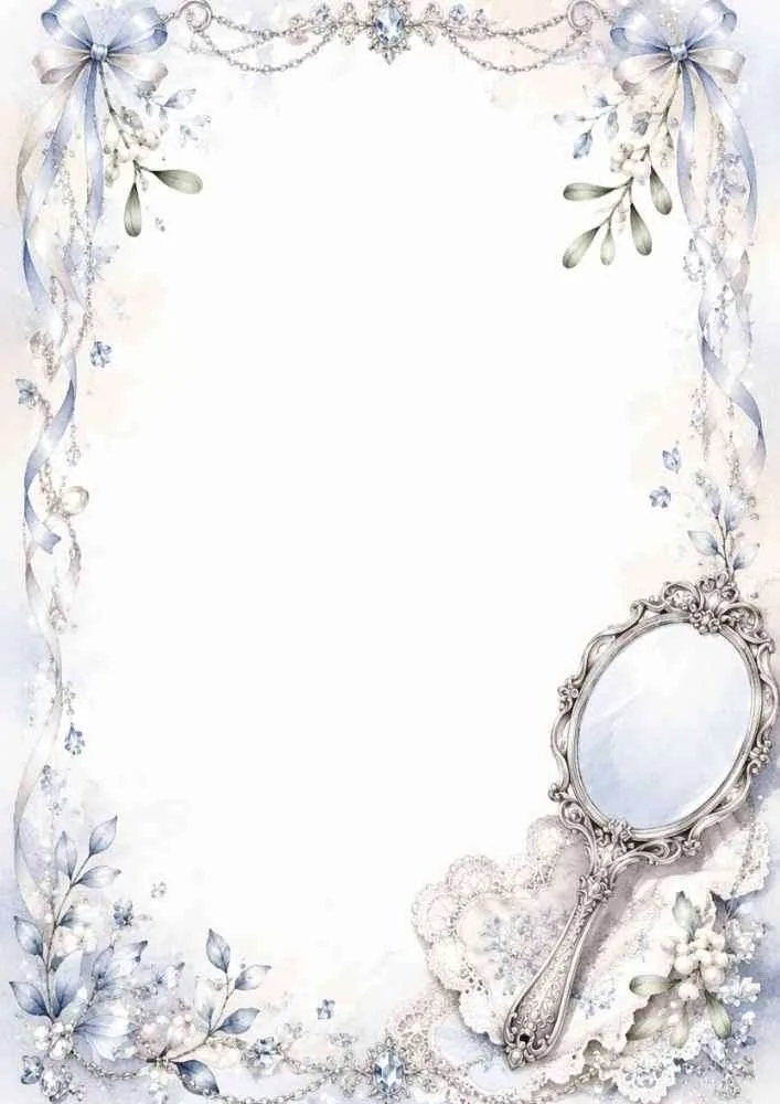 Watercolor border with an antique hand mirror, blue ribbons, and flowers.