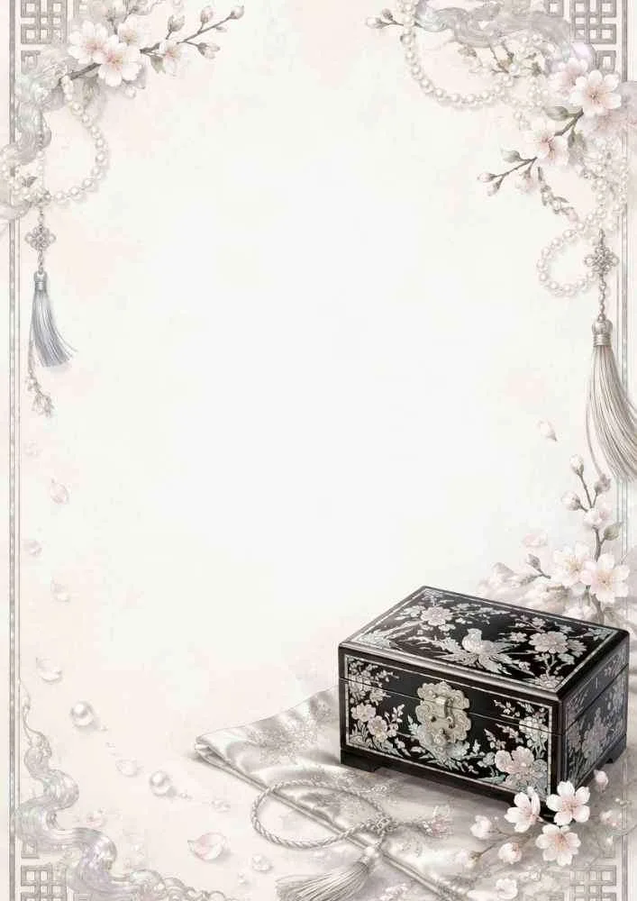 Watercolor border with a black lacquer jewelry box, pearls, and blossoms.