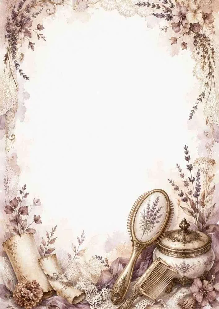 Watercolor border with a vintage mirror, comb, lavender, and vanity items.