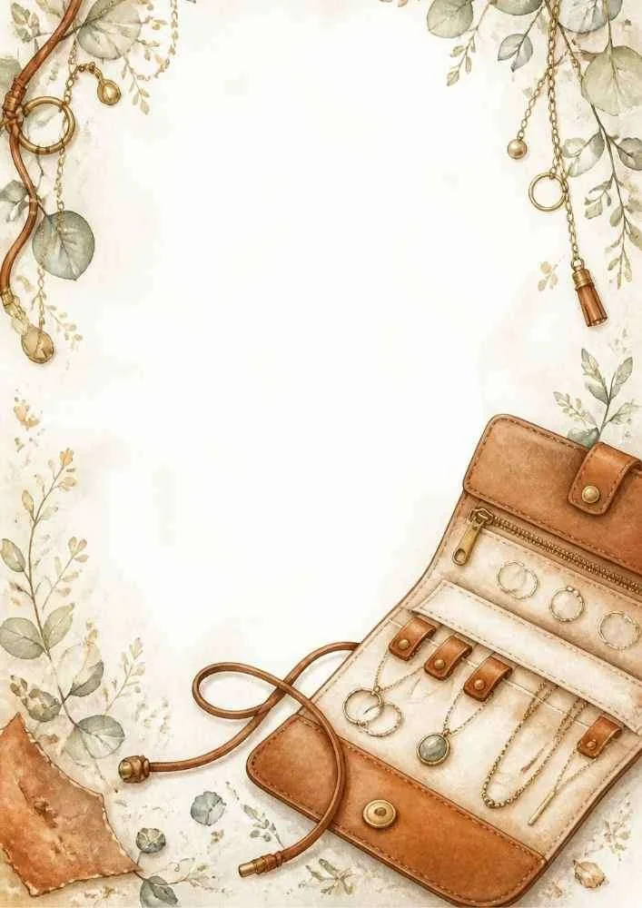 Watercolor border with an open leather jewelry case and accessories.
