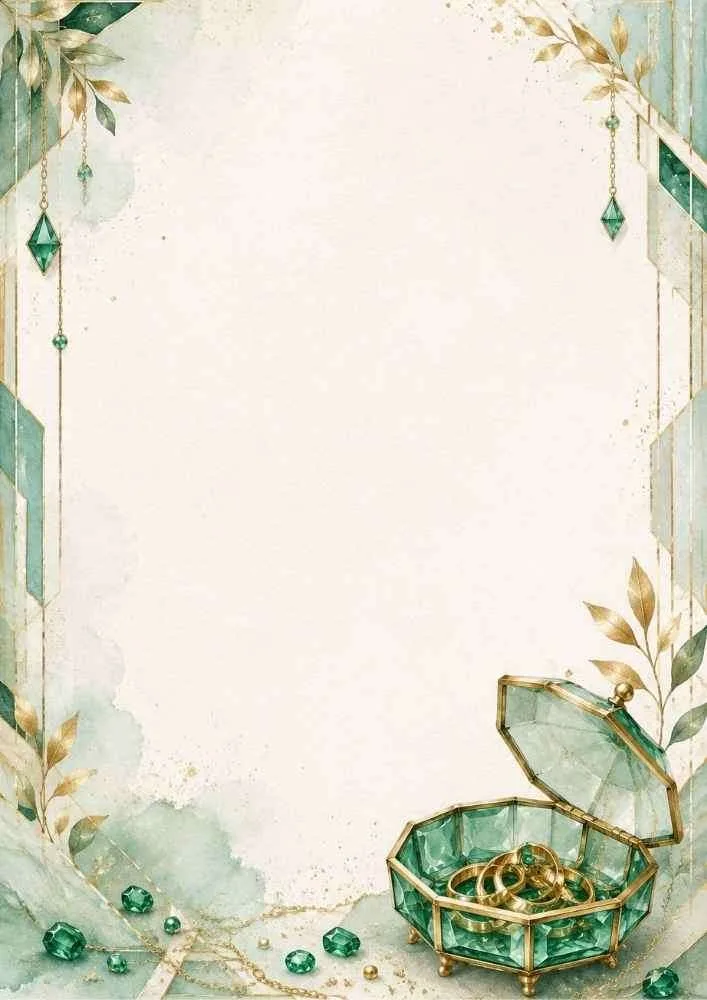 Watercolor border with an emerald glass jewelry box and gold rings.