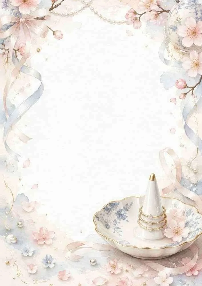 Watercolor border with a porcelain ring dish, rings, and cherry blossoms.