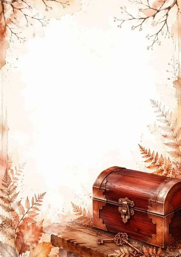 Watercolor border with a wooden treasure chest, key, and autumn leaves.