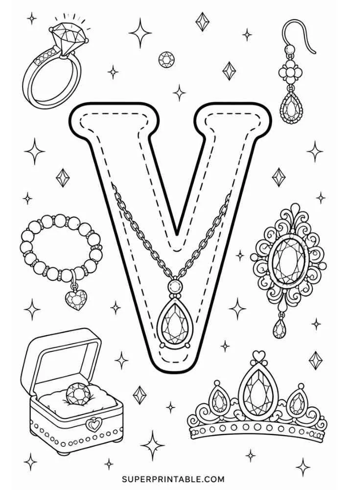 Uppercase letter V tracing page with diamond ring, bracelet, necklace, earring, jeweled brooch, tiara, and ring box.