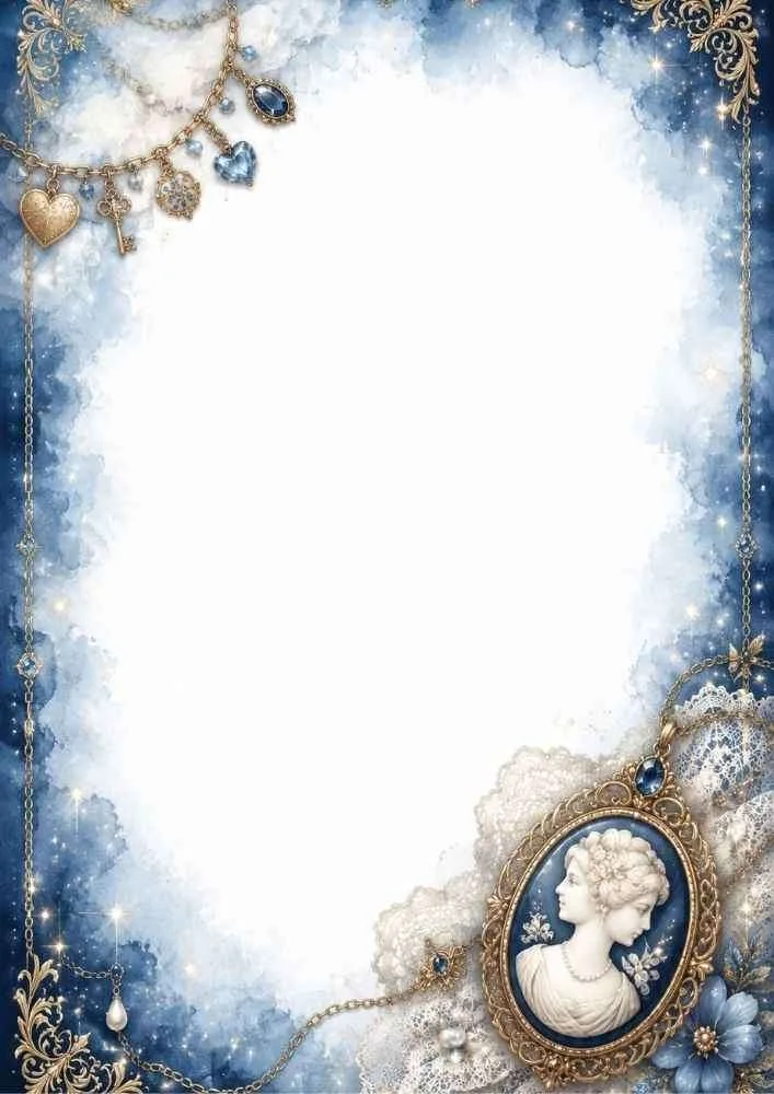Blue border page with cameo pendant, lace, charms, pearls, and a large blank center.