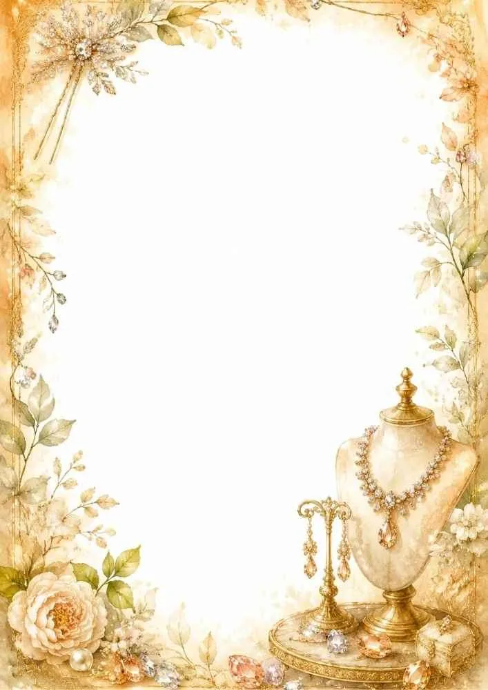 Gold border page with necklace stand, earrings, flowers, and blank center.
