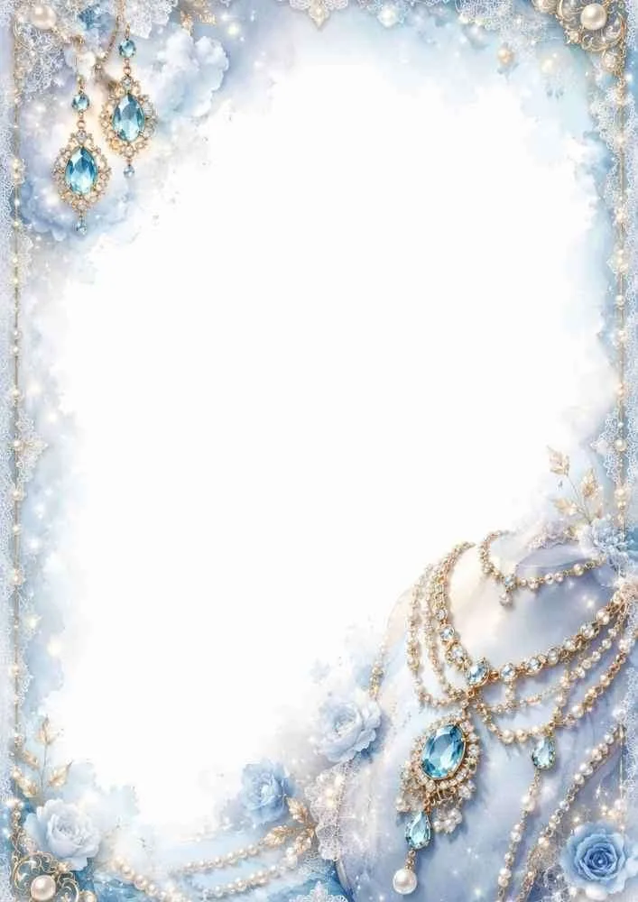 Blue border page with crystal jewelry, pearls, roses, and blank center.