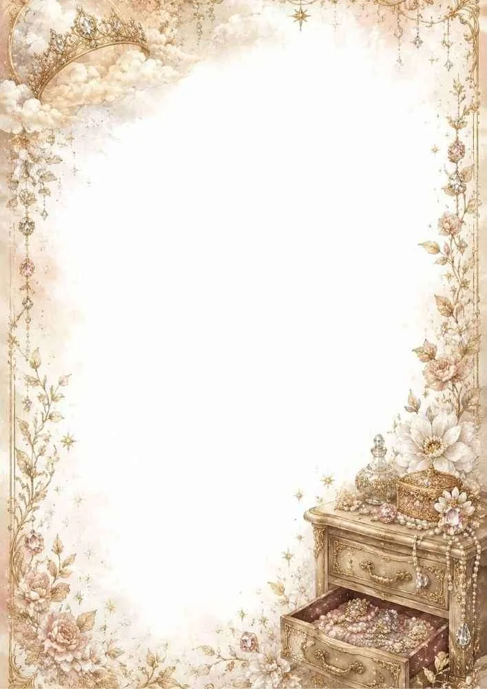 Cream border page with antique drawer, flowers, pearls, and blank center.