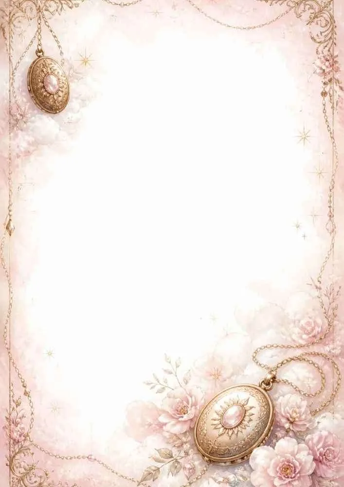 Pink border page with lockets, flowers, chains, and blank center.