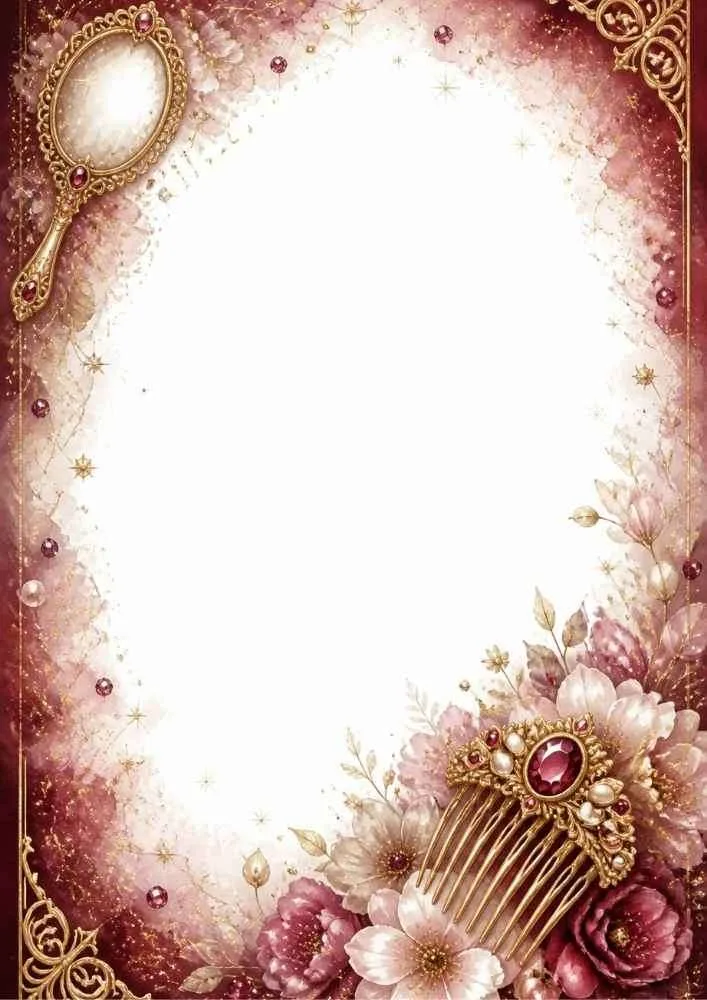 Rose border page with hand mirror, hair comb, flowers, and blank center.