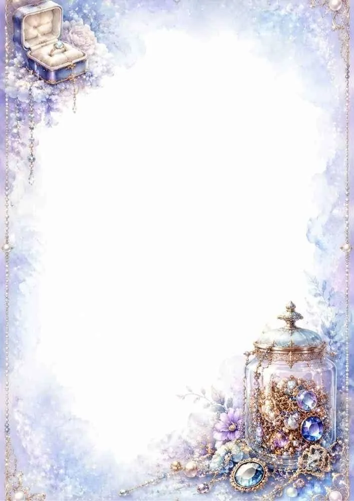 Blue border page with treasure jar, gems, pearls, flowers, and blank center.