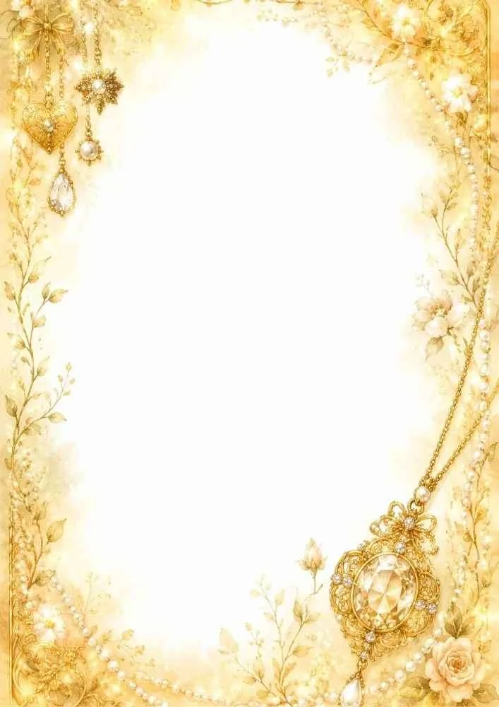 Gold border page with heart pendant, pearls, flowers, and blank center.