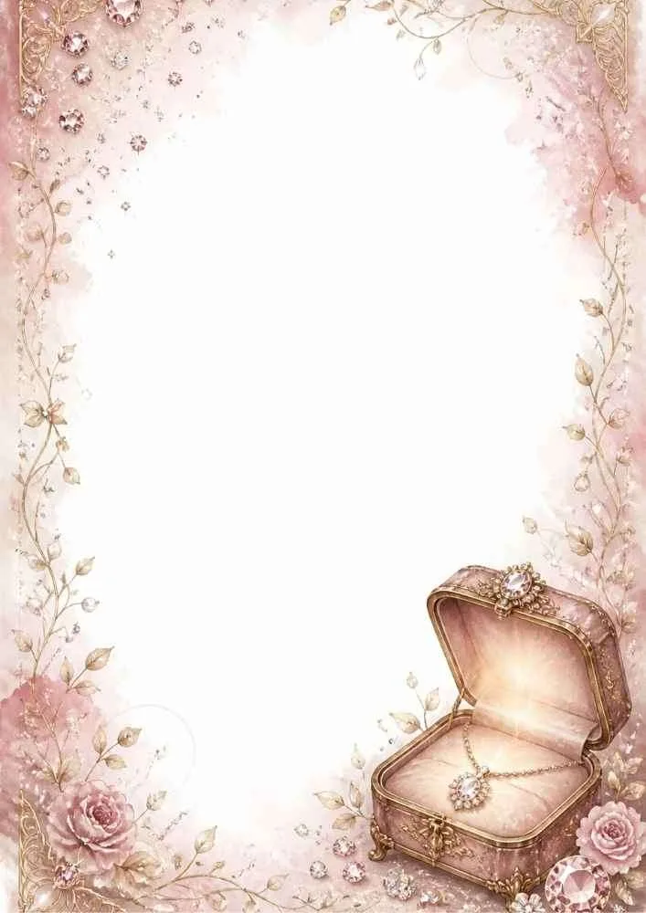 Pink border page with open jewelry box, necklace, roses, and blank center.