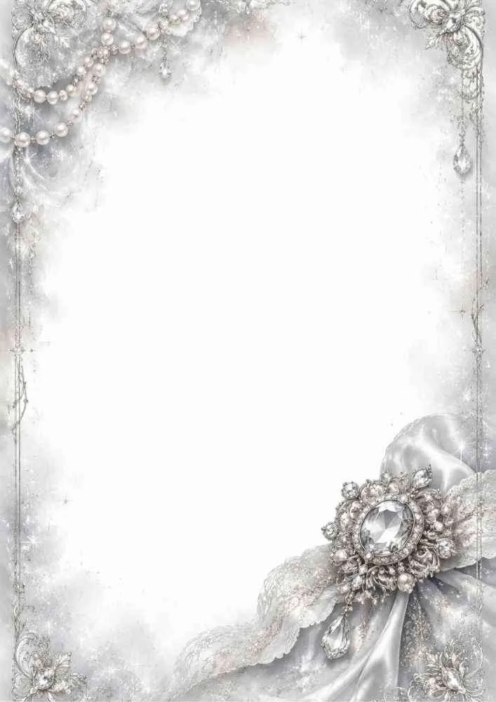 Silver border page with ribbon, brooch, pearls, lace, and blank center.