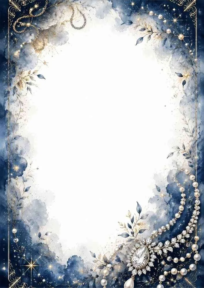 Navy border page with pearl necklace, gems, leaves, and blank center.