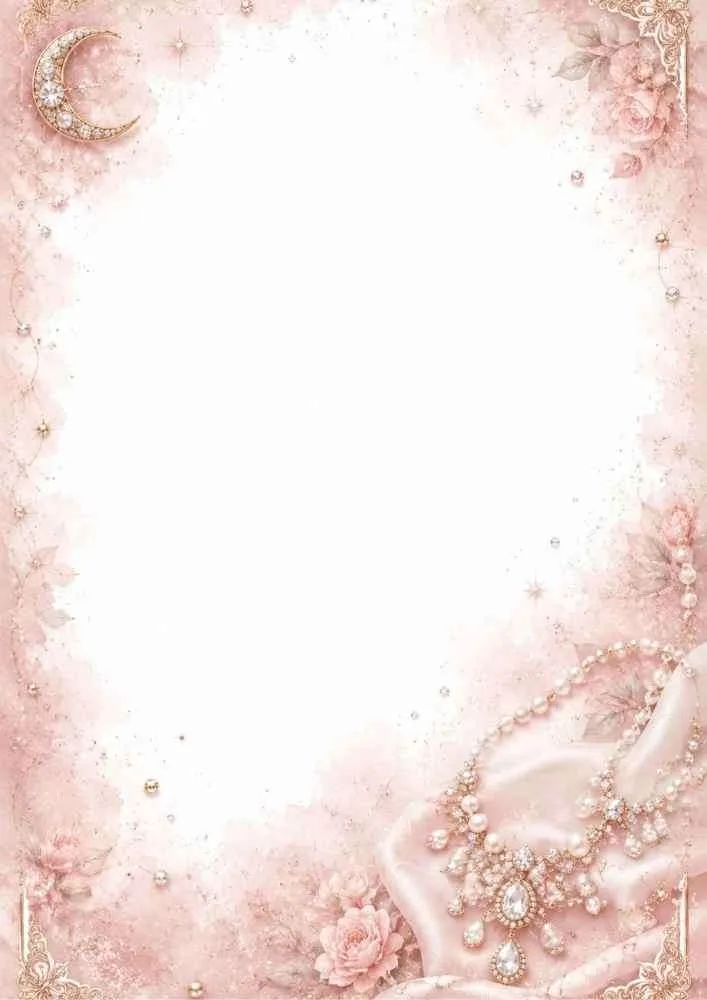 Pink border page with pearls, moon charm, flowers, necklace, and blank writing space.
