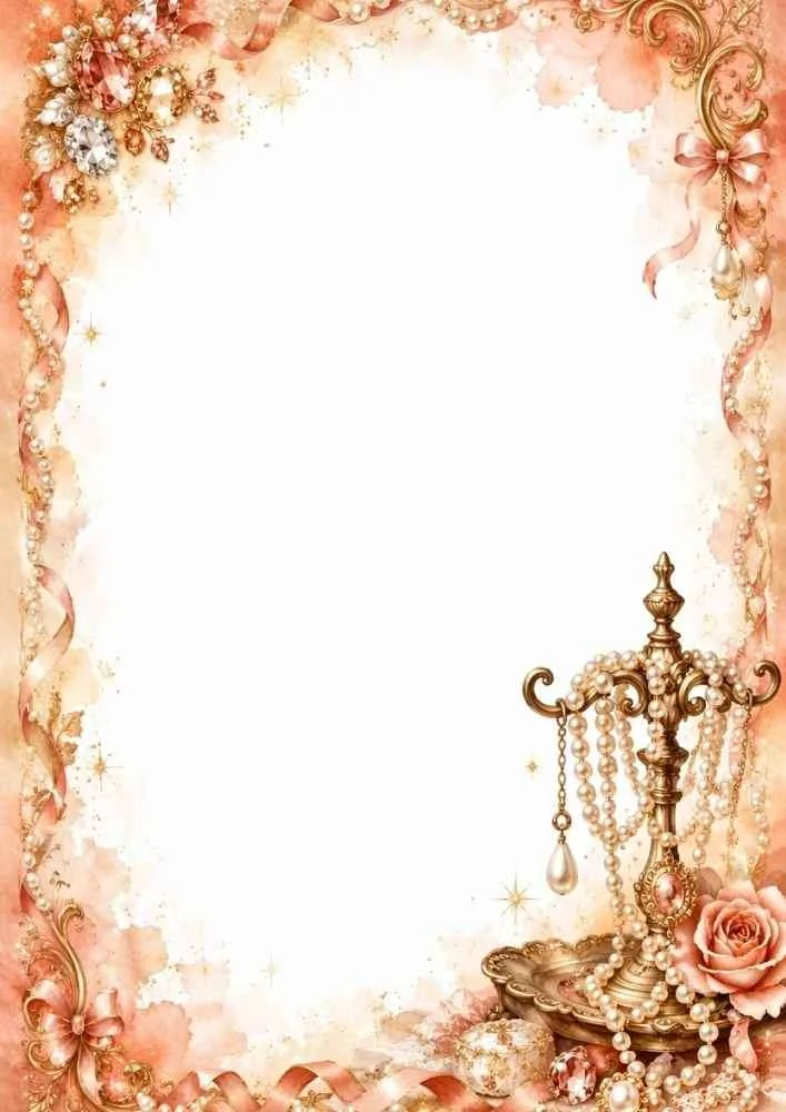 Peach border page with pearl stand, flowers, ribbons, and blank center.