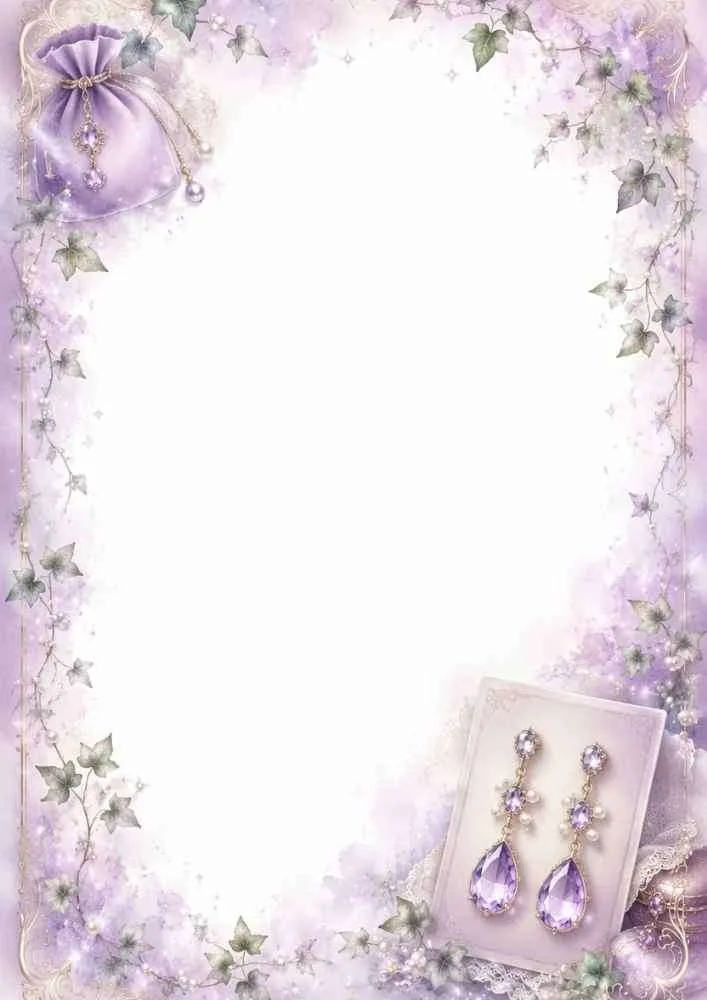 Lavender border page with gift pouch, gemstone earrings, ivy vines, and blank center.