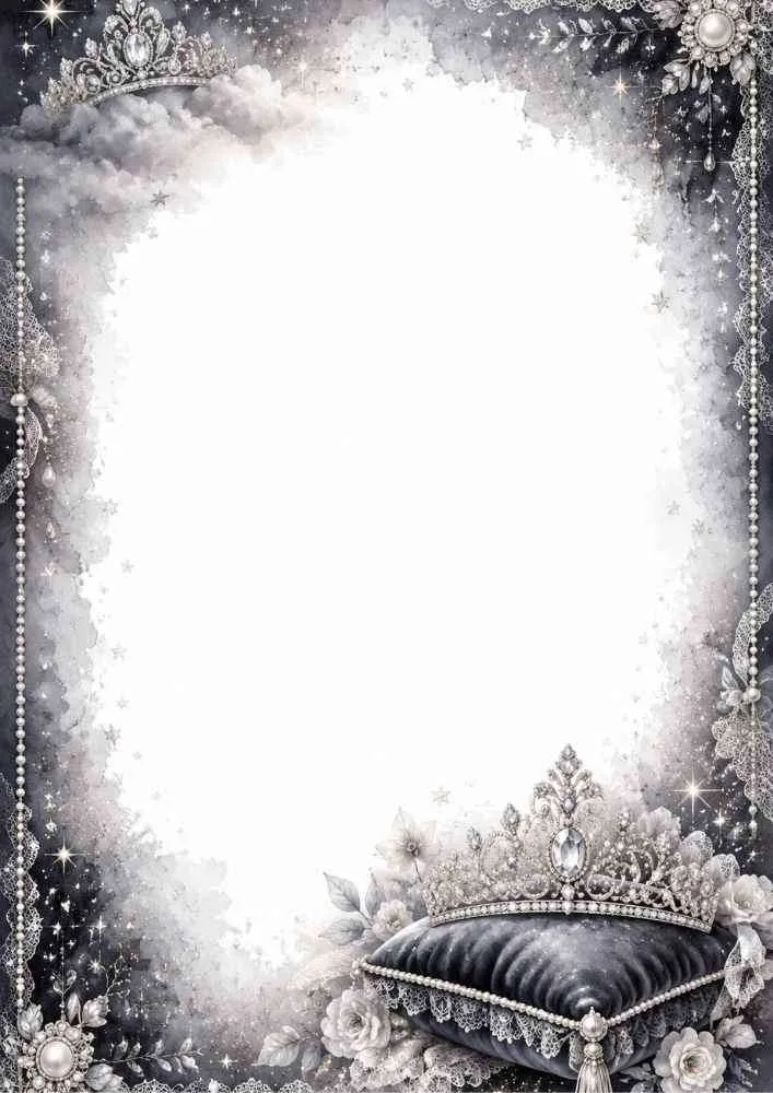 Silver border page with crowns, pearls, flowers, cushion, and blank center.