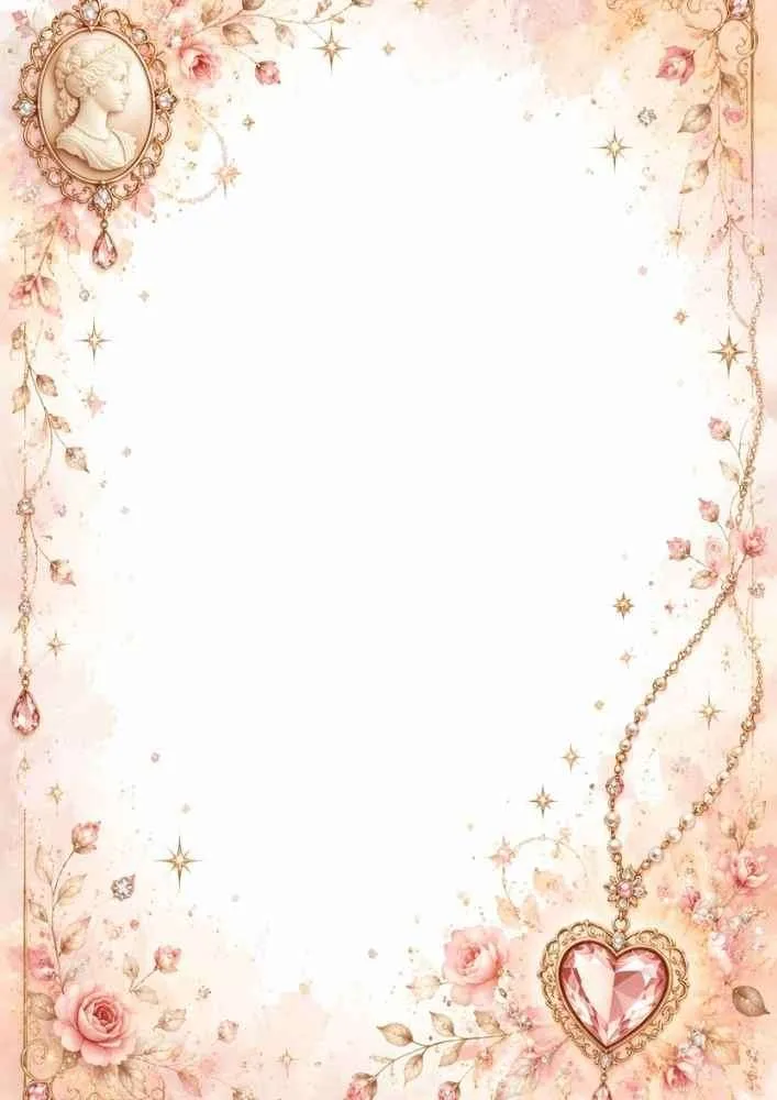 Pink border page with cameo, heart pendant, roses, and blank writing space.