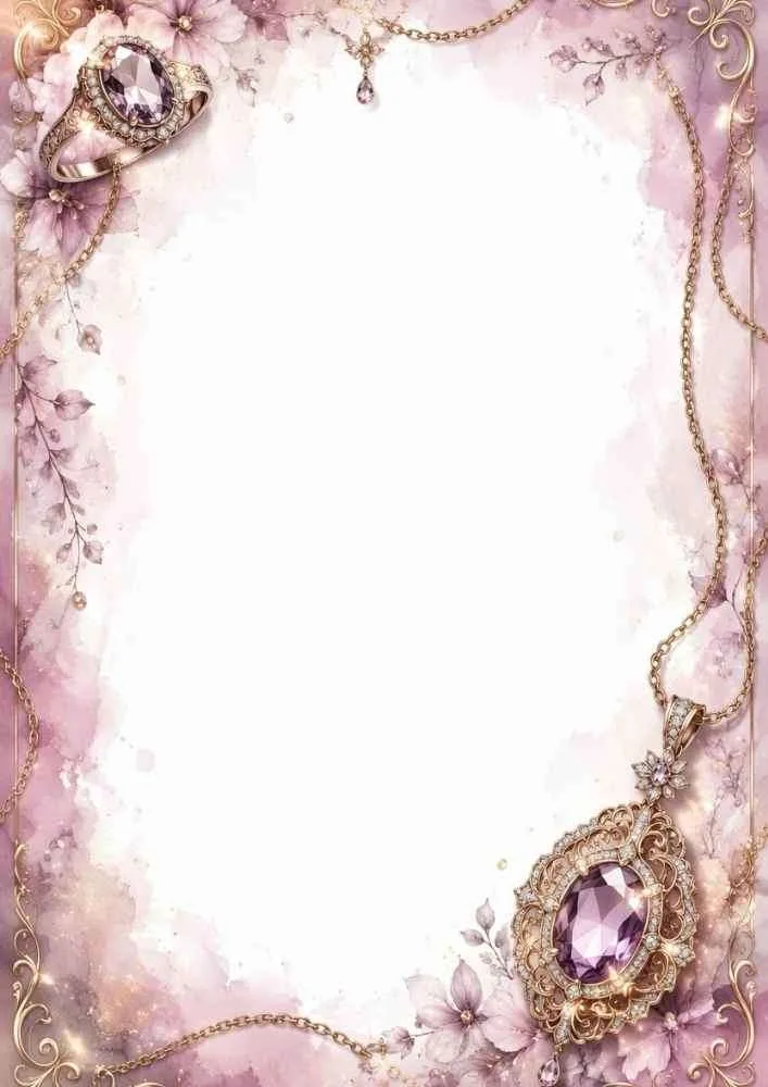 Purple border page with gemstone ring, pendant, flowers, and blank center.