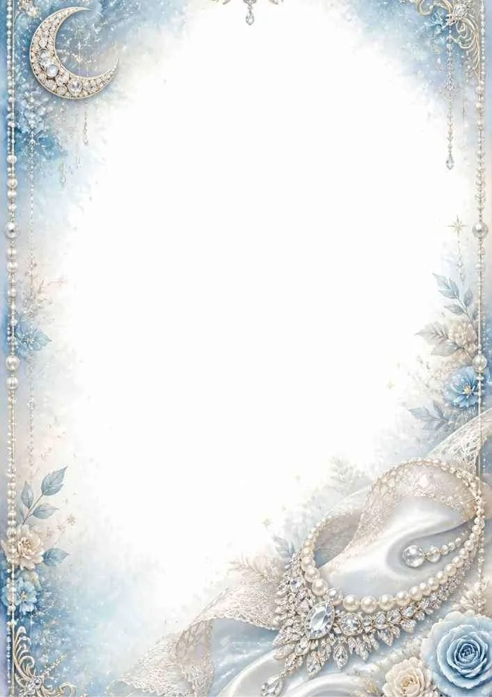 Blue border page with crescent moon, pearls, flowers, and blank center.