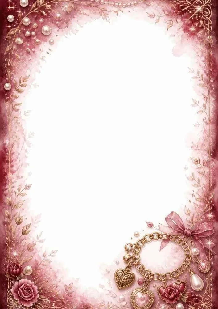 Rose border page with charm bracelet, pearls, flowers, ribbon, and blank center.