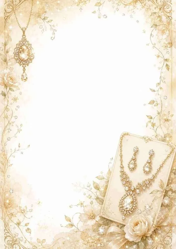 Gold border page with necklace, earrings, flowers, and blank center.