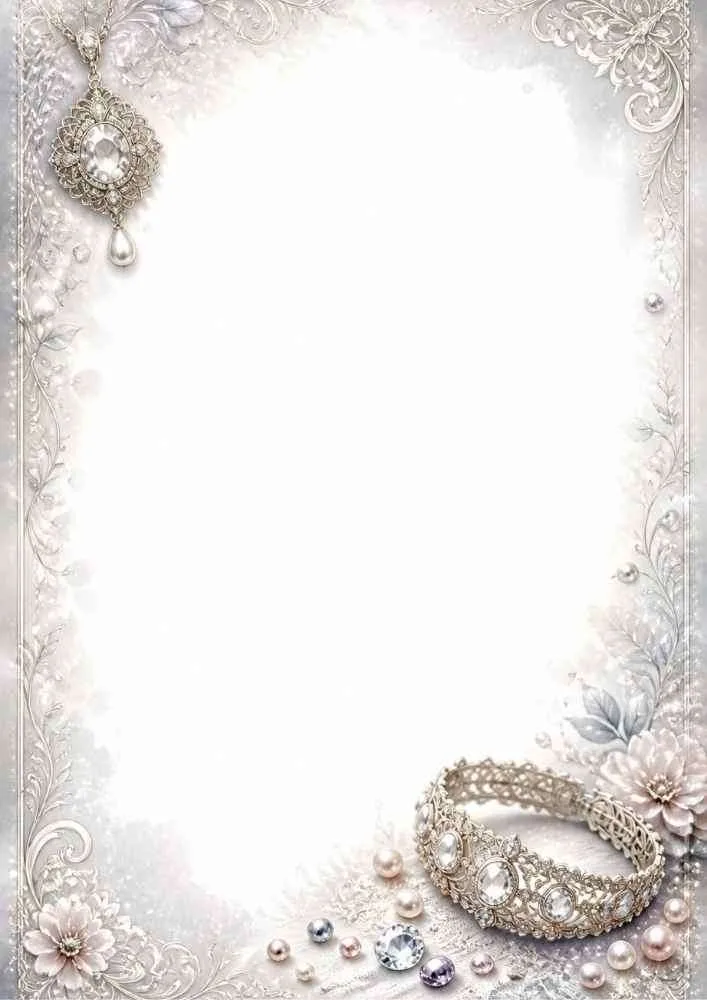 Silver border page with crystal bracelet, pendant, pearls, flowers, and blank center.
