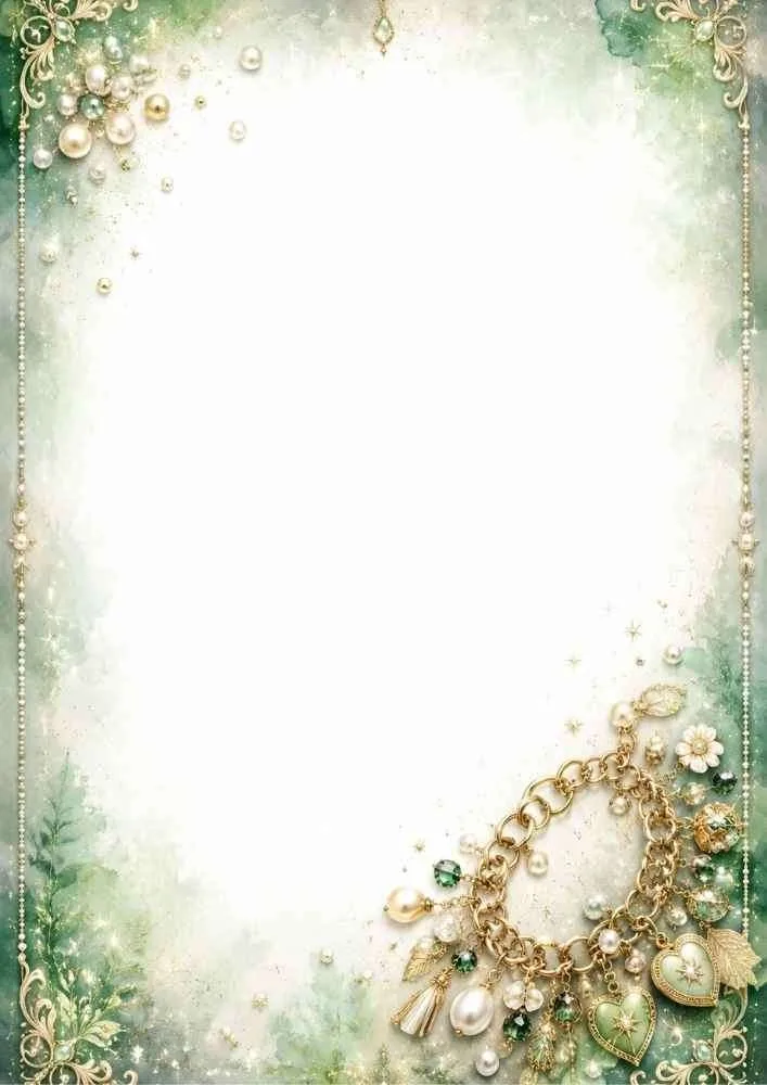 Green border page with charm bracelet, pearls, flowers, and a blank center.