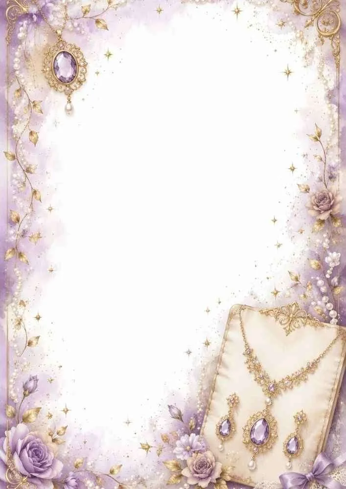 Purple border page with gemstone necklace, earrings, roses, and blank center.