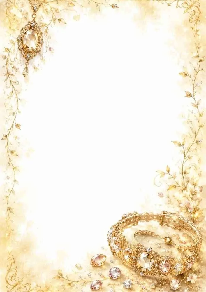 Gold border page with bracelet, flowers, gems, and large blank center.