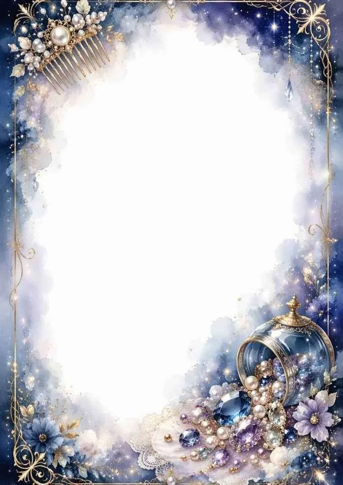 Blue border page with jewel bottle, flowers, pearls, and blank writing area.