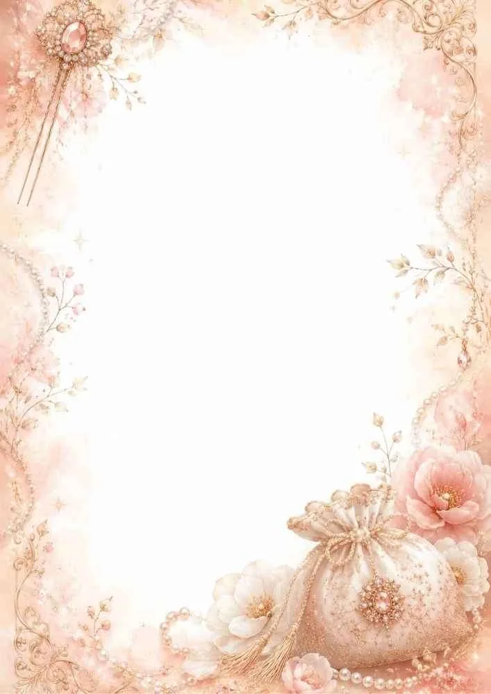 Pink border page with jewelry pouch, flowers, pearls, and blank center.