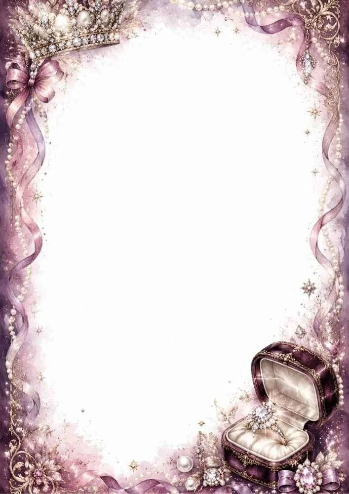 Purple border page with crown, ribbon, ring box, pearls, and blank center.