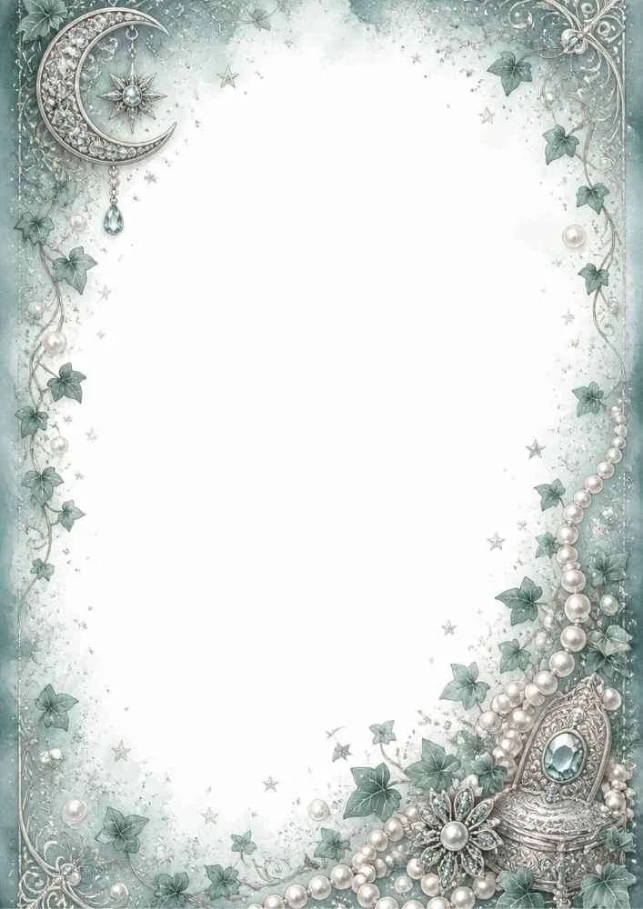 Blue green border page with moon, ivy vines, pearls, and blank center.